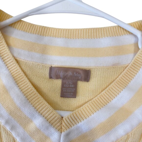 WHITE STAG Yellow Cable Knit Sweater Top With White Striped V-Neck Womens L - Picture 9 of 10